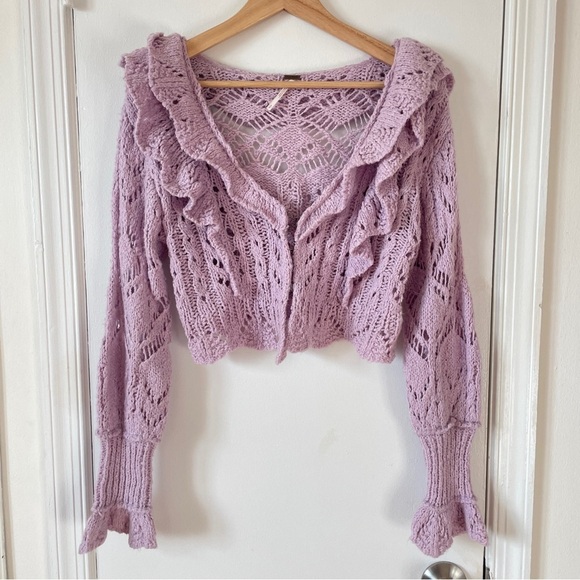 Free People Lavender Avery Crochet Cardi Cardigan Cropped Ruffled S - Picture 4 of 8